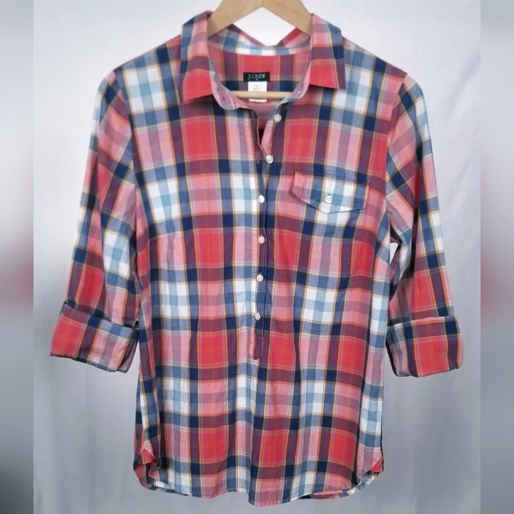 J. Crew Plaid 1/2 Button Front Variable Sleeve Top Pink White Blue Size: Small